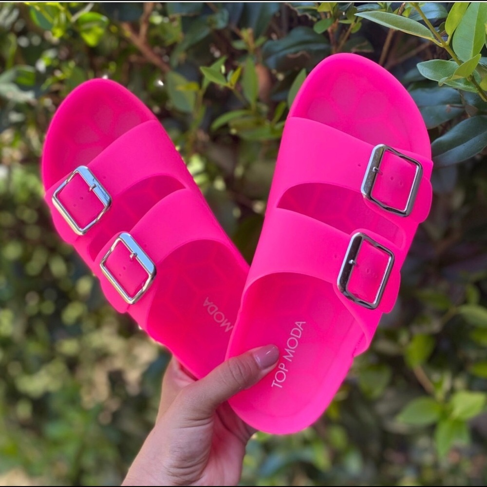 ONELEFT Neon Pink Matte Jelly Slides Double Buckle